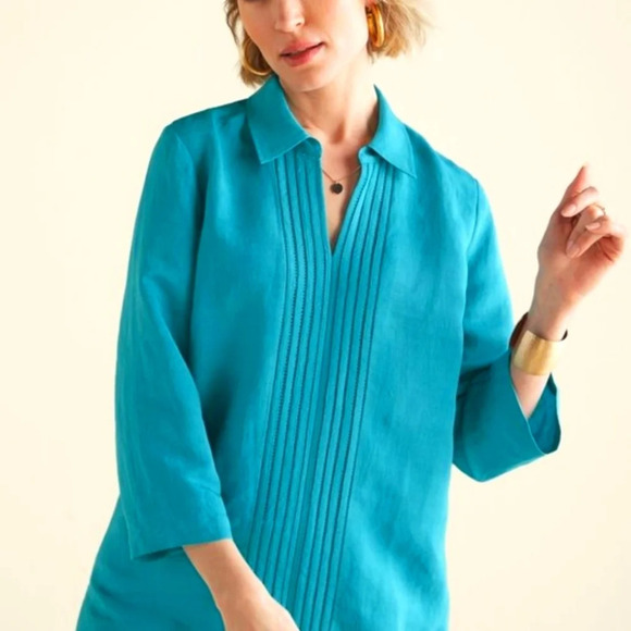 Soft Surroundings Camellia Pullover Tunic Linen Blend Teal Blue Size M - Picture 1 of 11